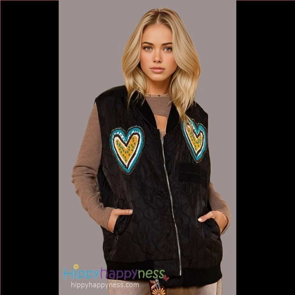 New POL Clothing Whimsical Light Quilted Vest Black with Heart Patches NWT